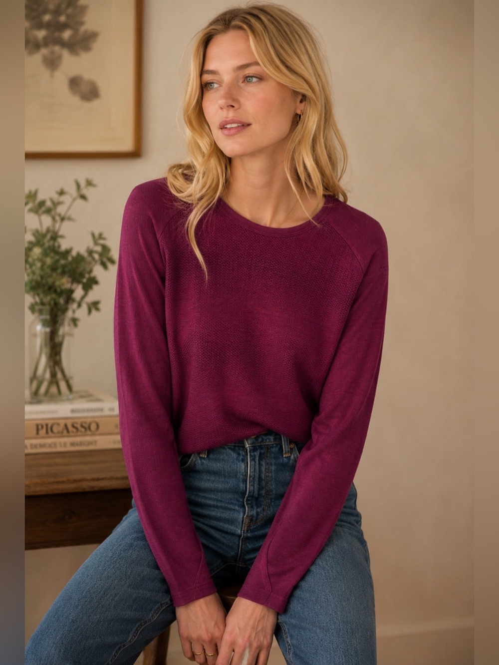 100% merino wool Burgundy Long Sleeve Top